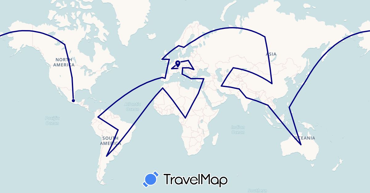 TravelMap itinerary: driving in Argentina, Austria, Australia, Brazil, Canada, Switzerland, China, Colombia, Germany, Egypt, Spain, Finland, France, United Kingdom, Greece, Hungary, Ireland, India, Iran, Italy, Japan, Kazakhstan, Morocco, Mexico, Norway, Philippines, Pakistan, Poland, Portugal, Romania, Russia, Sweden, Thailand, Turkey, United States (Africa, Asia, Europe, North America, Oceania, South America)